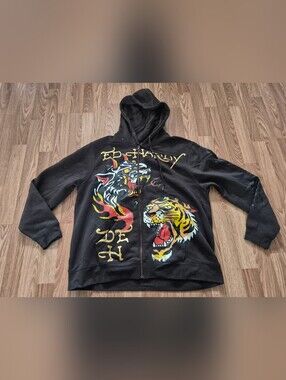 Ed Hardy Black Zip-Up Hoodie with Tiger Design Brand new